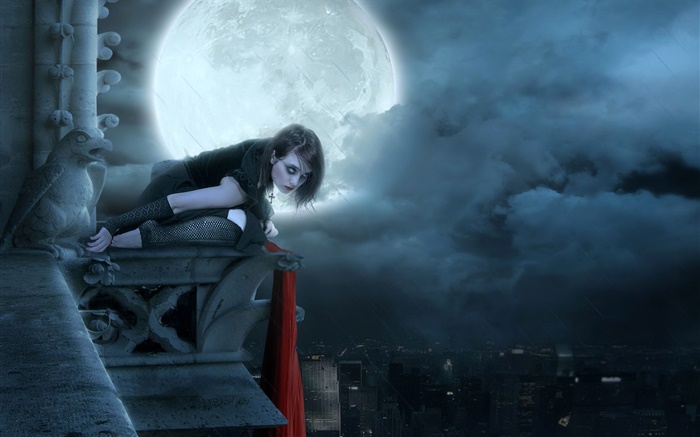 Красный губы фантазии девушка в Лунная ночь, город обои,s изображение