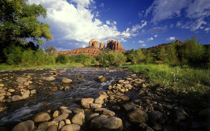 Красная скала пересечения, камни, река, трава, Седона, штат Аризона, США обои,s изображение