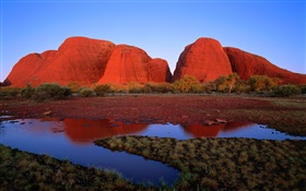 Красная скала горы, вода, трава, закат, Австралия HD обои