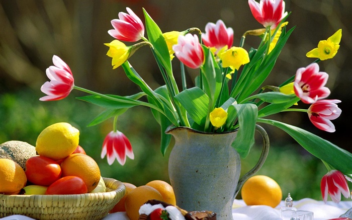 Красные тюльпаны белые лепестки, ваза, апельсины обои,s изображение