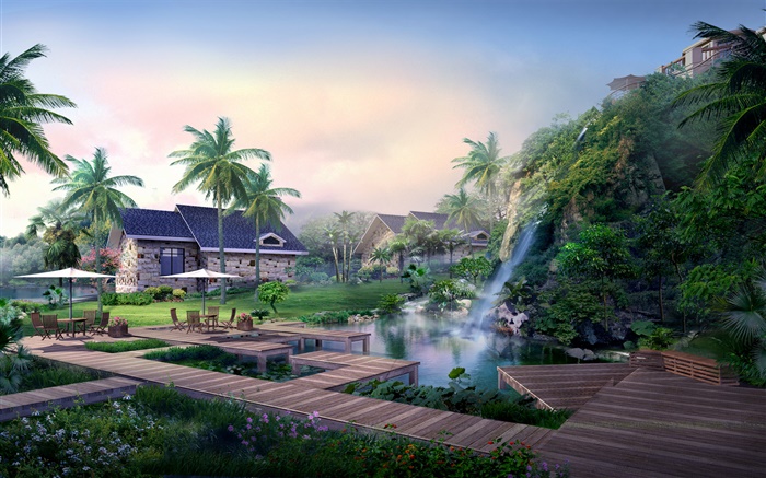 Курорт, водопад, пальмы, дом, тропический, 3D дизайн обои,s изображение