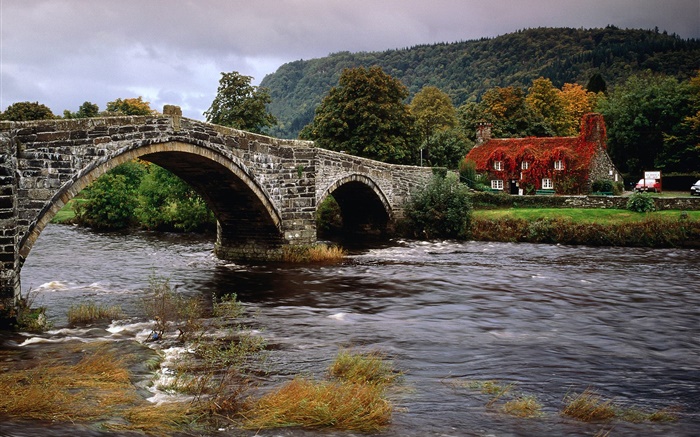 Река, камни мост, дом, деревья, облака обои,s изображение