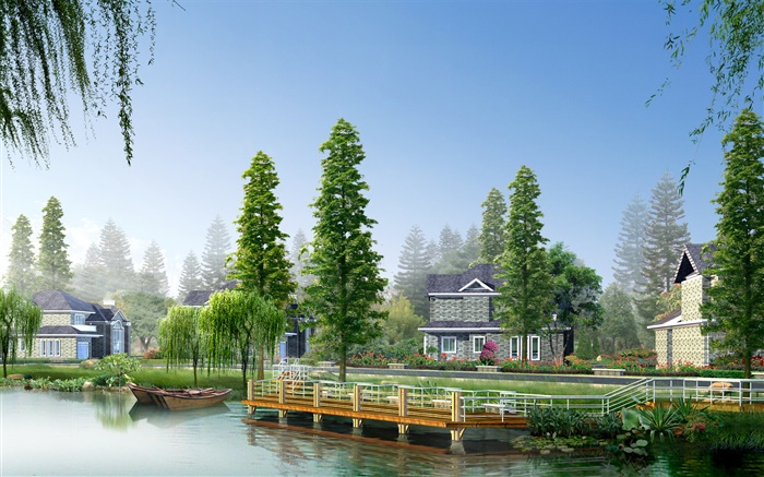 Река, деревья, лодки, дома, 3D дизайн фото обои,s изображение