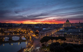 Рим, Италия, Ватикан, вечер, закат, дома, река, мосты HD обои