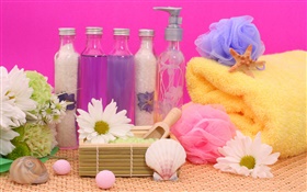 SPA натюрморт, хризантема, бутылки, шарик для ванны, полотенце HD обои