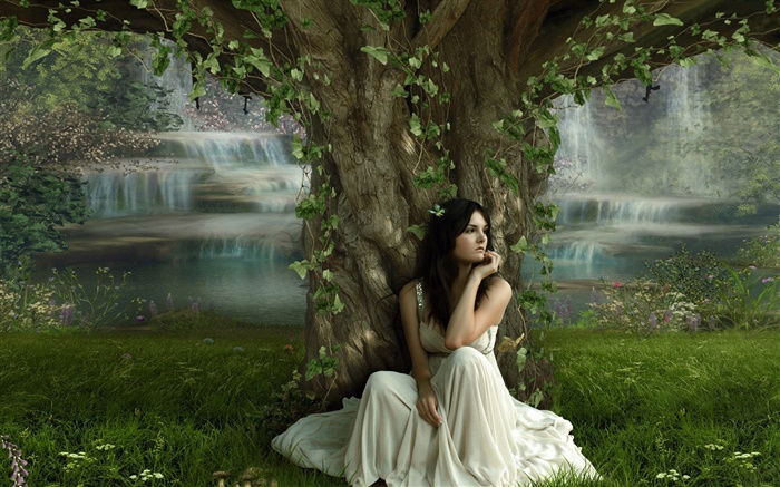 Грусть фантазии девушка под деревом обои,s изображение