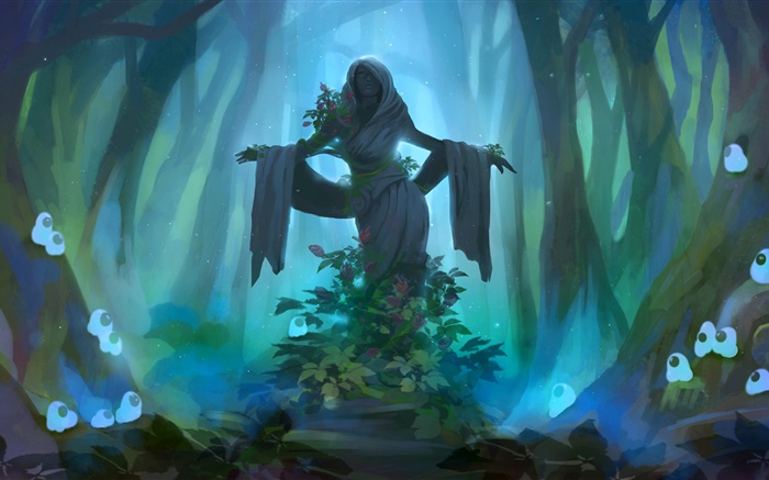 Скульптура девушки, темнота, запустение, цветы, лес, художественные фотографии обои,s изображение