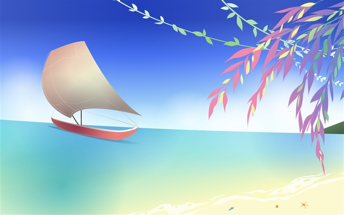 Море, пляж, лодки, веточки, весна, вектор дизайн обои,s изображение