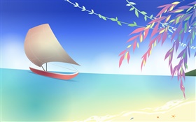 Море, пляж, лодки, веточки, весна, вектор дизайн HD обои