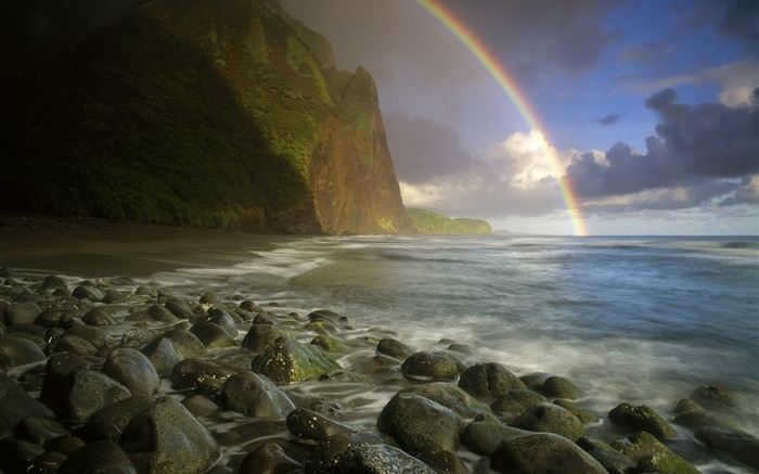Море, берег, камни, радуга, облака обои,s изображение