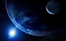 Смотрите Землю в космосе, луна, солнце, свет HD обои
