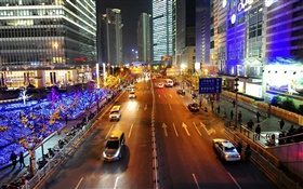 Шанхай, улица, огни, ночь, город, Китай HD обои