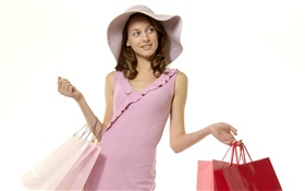 Покупки девушка, розовое платье