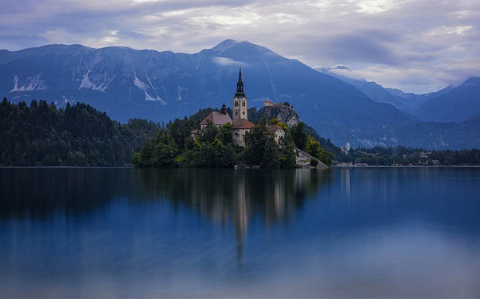 Словения, остров, церковь, озеро, деревья, горы, рассвет обои,s изображение