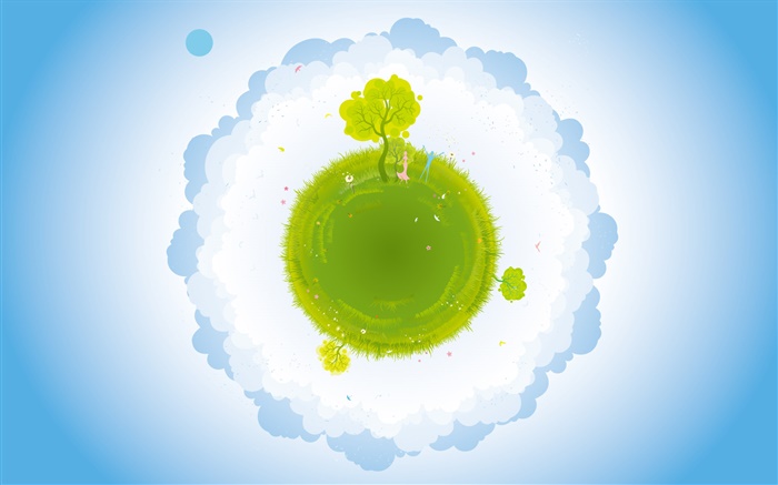 Малая планета, зеленый, девочка и мальчик, облака, творческие векторные картинки обои,s изображение