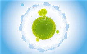 Малая планета, зеленый, девочка и мальчик, облака, творческие векторные картинки HD обои