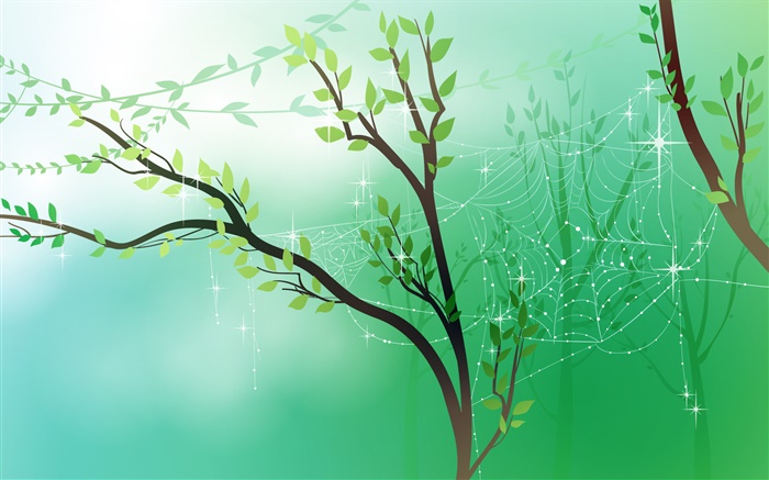 Весна, зеленый, деревья, листья, паутина, роса, векторные картинки обои,s изображение