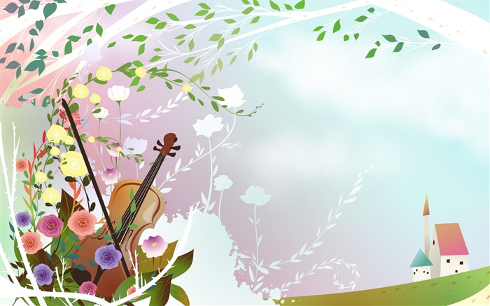Весна тематические, цветы, скрипка, дерево, дом, векторные картинки обои,s изображение