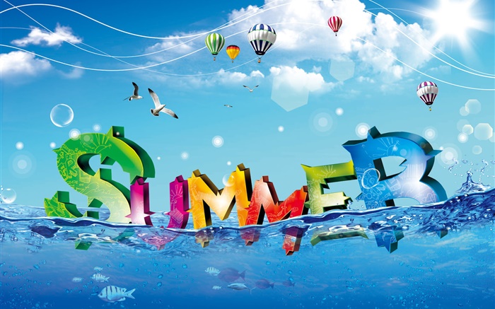 Лето, креативный дизайн, красочные, воды, рыбы, птицы, воздушные шары обои,s изображение