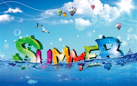 Лето, креативный дизайн, красочные, воды, рыбы, птицы, воздушные шары HD обои