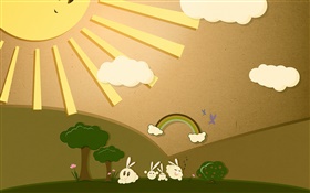 Солнце, кролик, радуга, арт-дизайн HD обои