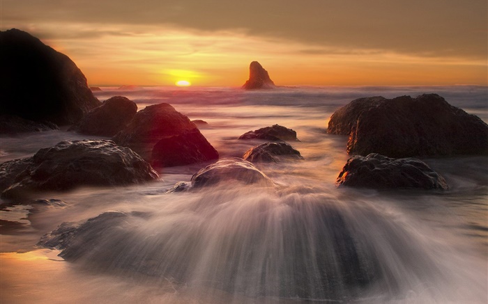 Закат побережье, камни, волны обои,s изображение