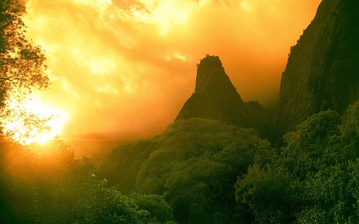 Закат, горы, зеленый обои,s изображение