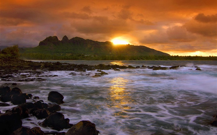 Закат, красное небо, облака, побережье, скалы, Гавайи, США обои,s изображение