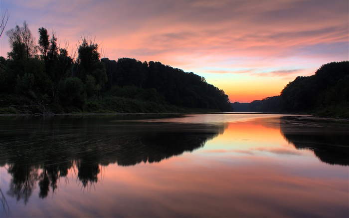 Закат, река, деревья, красное небо, вода отражение обои,s изображение