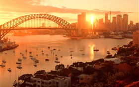 Сидней, Австралия, город закат, мост, река, здания, теплое солнце HD обои