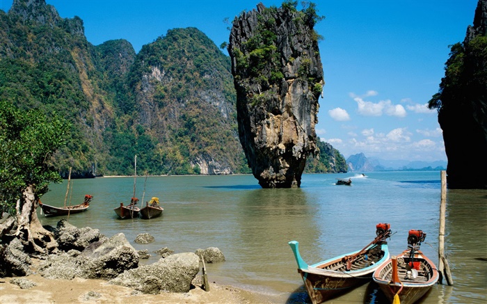 Таиланд пейзажи, море, берег, лодки, скалы, скалы обои,s изображение