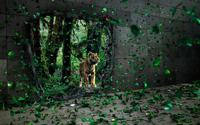 Тигр в лесу, зеленые листья летят, творческие фотографии обои,s изображение