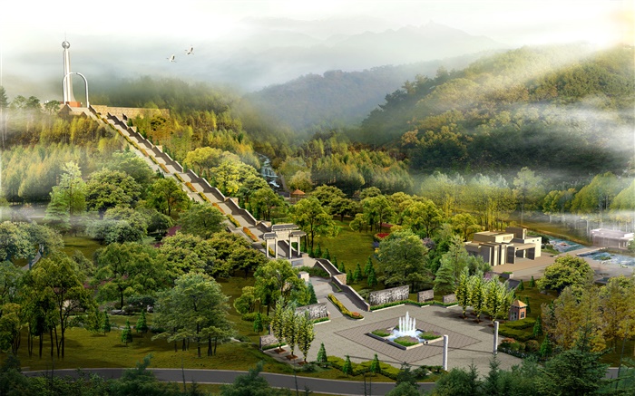 Вид сверху парк, лестницы, ворота, деревья, туман, 3D дизайн обои,s изображение