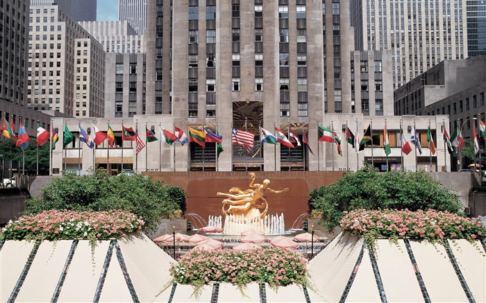 Поездки в Нью-Йорк, США, город, фонтан, цветы, здания, флаги обои,s изображение
