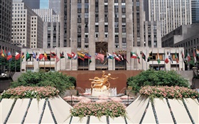 Поездки в Нью-Йорк, США, город, фонтан, цветы, здания, флаги HD обои