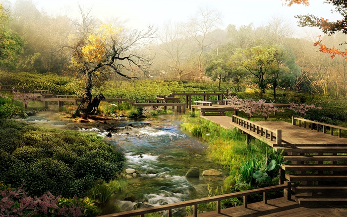Деревья, ручей, деревянные дорожки, парк, 3D-изображения дизайн обои,s изображение
