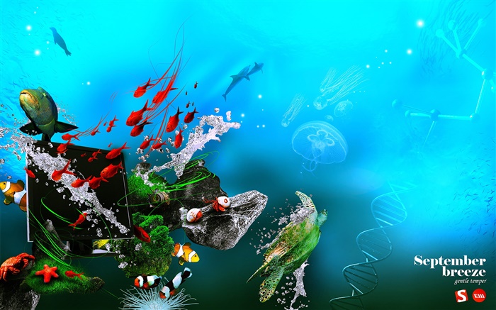 Под водой, море, рыба, монитор, ДНК, креативный дизайн обои,s изображение