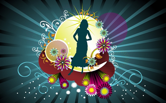 Векторный дизайн, девушка, цветы, полосы фона обои,s изображение