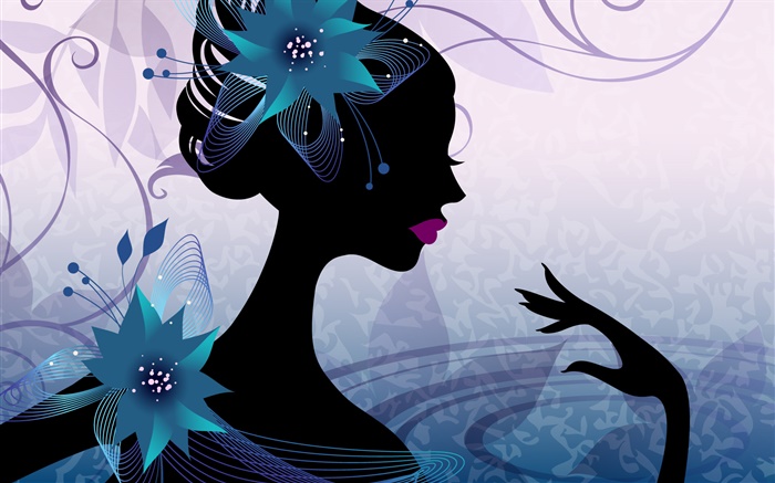 Векторный дизайн, девушка, вид слева, цветы, синий фон обои,s изображение