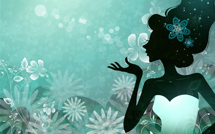 Вектор девушка, синий фон, цветы, звезды обои,s изображение