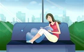 Вектор девушка, красное платье, чтение книги на диване