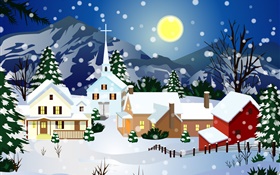 Векторные картинки, толстый снег, дом, луна, Рождество