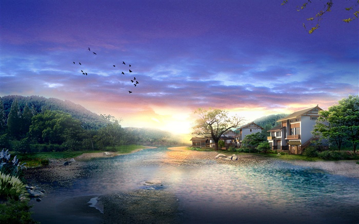 Деревня, река, деревья, птицы, закат, облака, 3D визуализации дизайн обои,s изображение