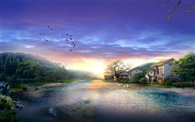 Деревня, река, деревья, птицы, закат, облака, 3D визуализации дизайн
