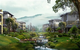 Жилые дома, ручей, деревья, туман, 3D визуализации дизайн HD обои