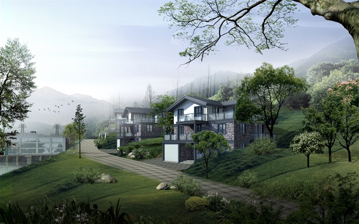 Жилые дома, дороги, деревья, горы, 3D дизайн обои,s изображение