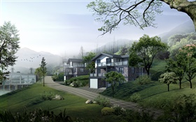 Жилые дома, дороги, деревья, горы, 3D дизайн HD обои
