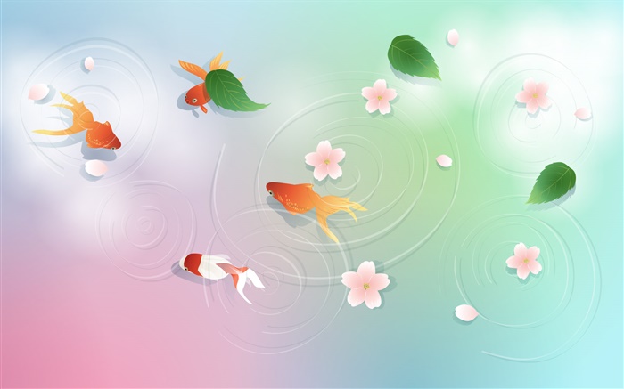 Вода, золотая рыбка, листья, цветы, вектор дизайн обои,s изображение