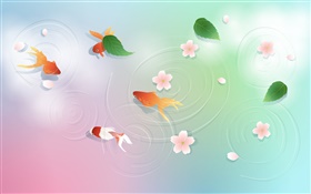 Вода, золотая рыбка, листья, цветы, вектор дизайн HD обои