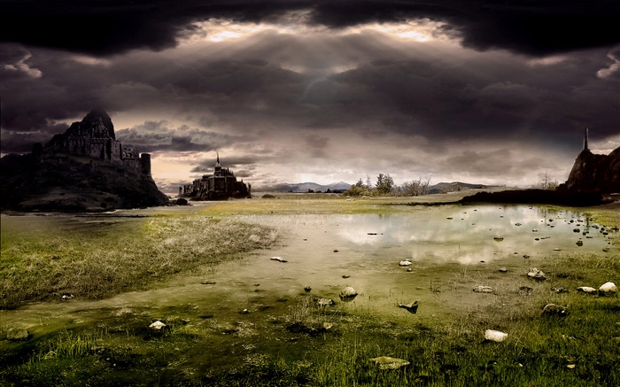 Вода, трава, земля, замок, облака обои,s изображение